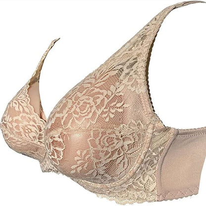 Beige lace bra with underwire cups and floral pattern.