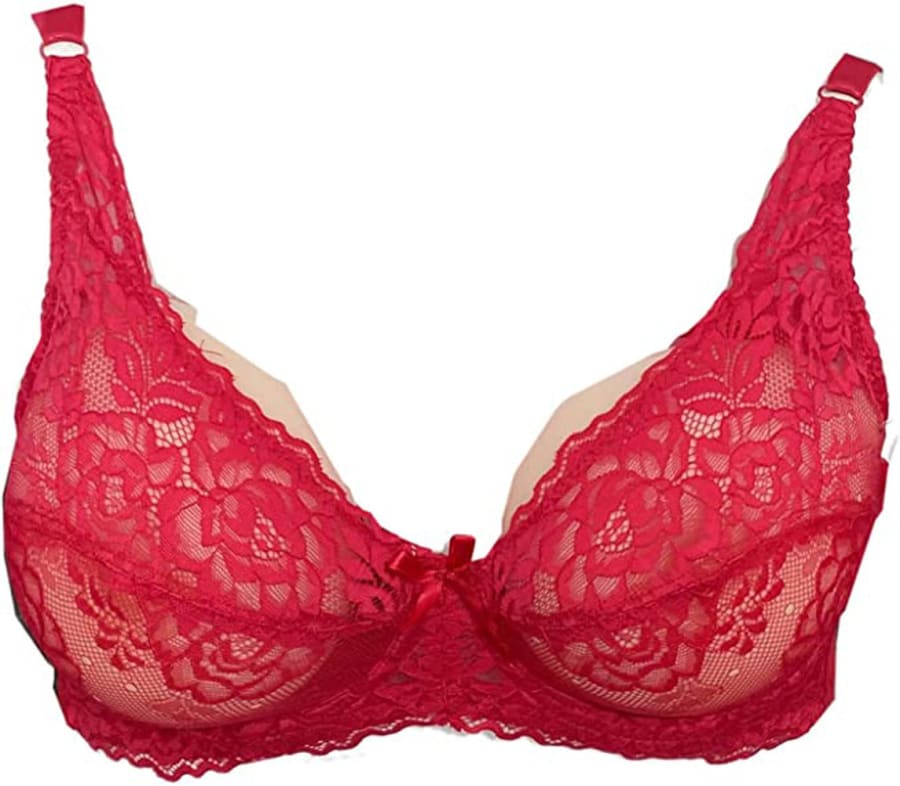 Red lace bra with floral pattern and underwire.