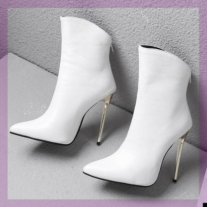 Fashion Stiletto Pointed Toe Ankle Boots Plus Size White