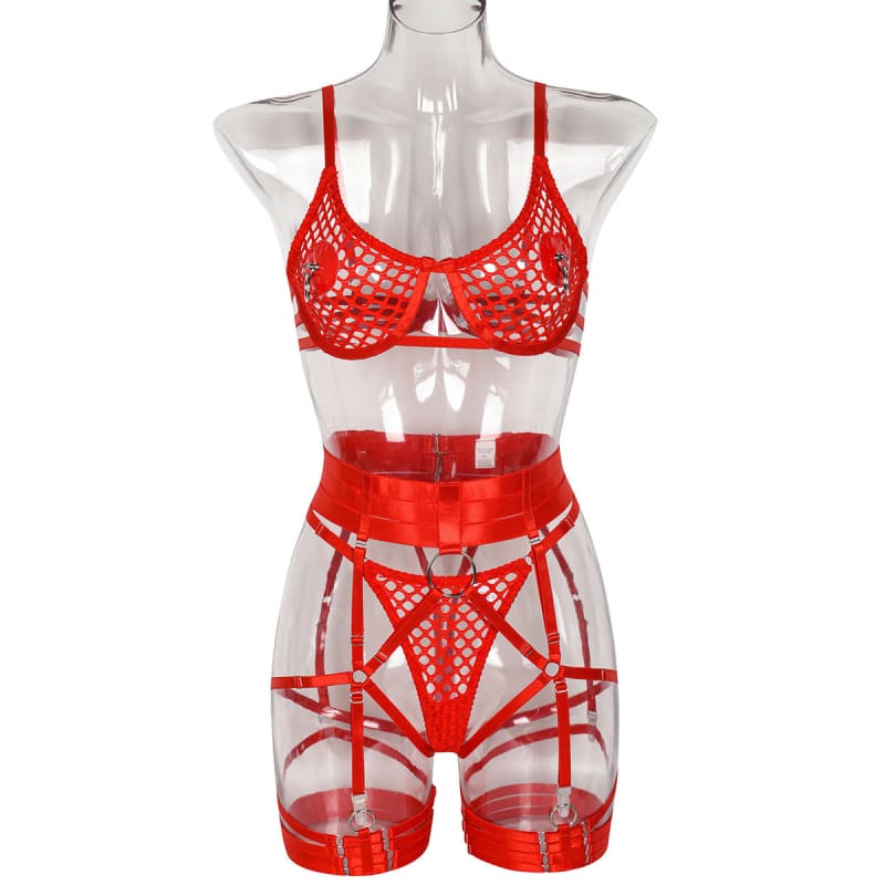 Womens Fetish Lingerie With Metal Chest Ring Detail - Red