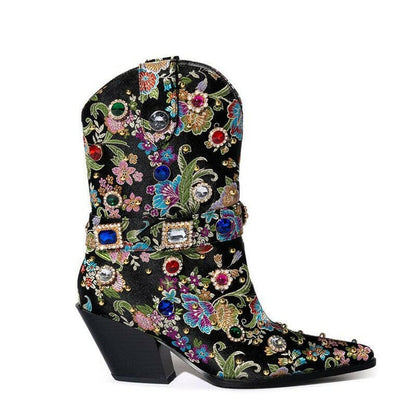 Womens Gemstone Embellished Wedge Heel Satin Ankle Boots