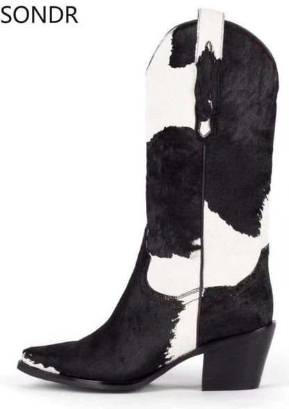 Genuine Leather Pointed Toe Mid Calf Western Boots