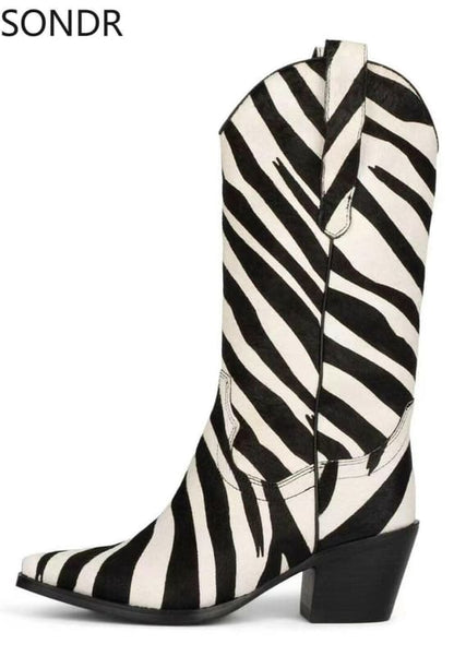 Genuine Leather Pointed Toe Mid Calf Western Boots Zebra