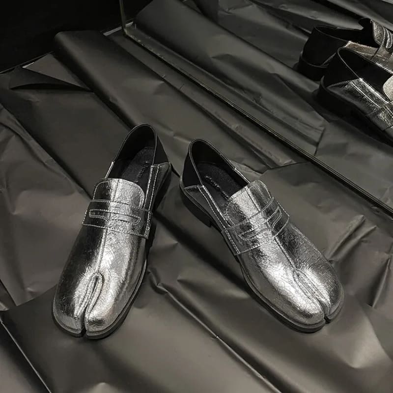 Metallic Silver Genuine Leather Split Toe Block Loafers for Women with penny strap.