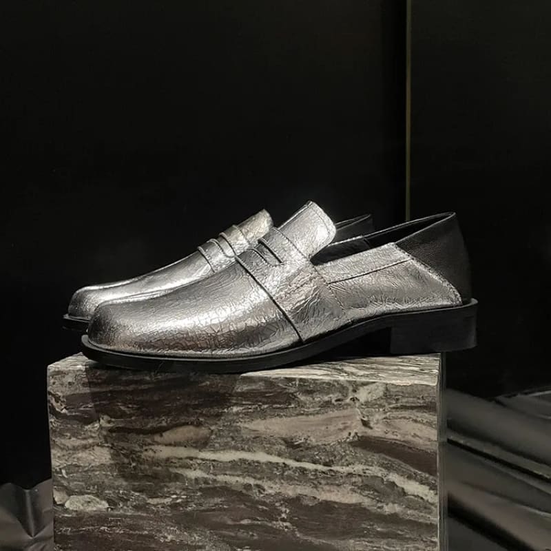 Metallic silver genuine leather split toe block loafers for women, stylish and trendy.