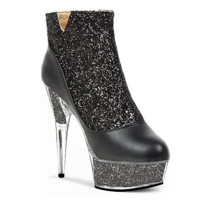 Womens Glittered Round Toe Side Zip Crystal Heel Platform