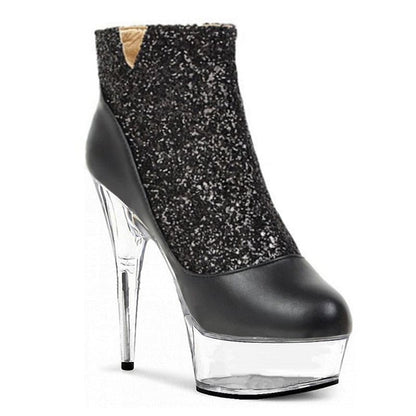 Womens Glittered Round Toe Side Zip Crystal Heel Platform