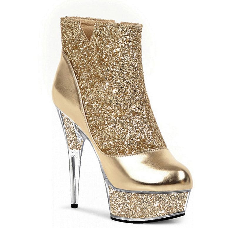 Womens Glittered Round Toe Side Zip Crystal Heel Platform