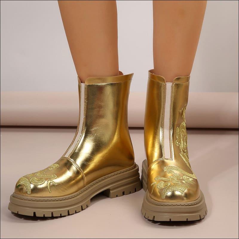 Women’s Gold Metallic Round Toe Dragon Boots