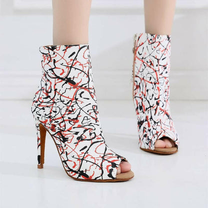 Shop Women’s High Heel Graffiti Print Mid-calf Boots