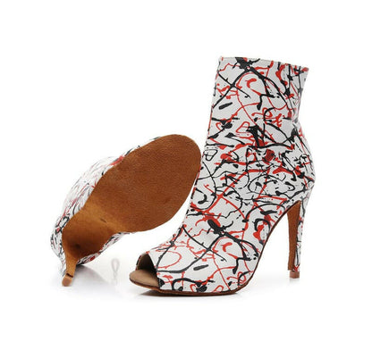 Shop Women’s High Heel Graffiti Print Mid-calf Boots