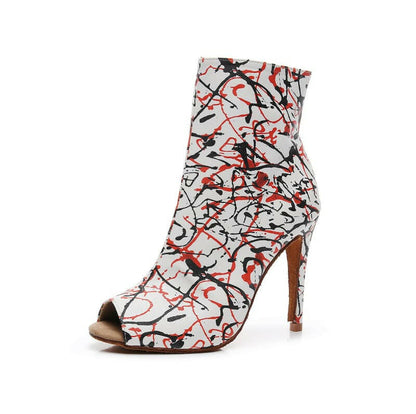 Shop Women’s High Heel Graffiti Print Mid-calf Boots