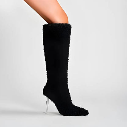 Womens Knee High Pointed Toe Boots Crystal Heel Black / 35