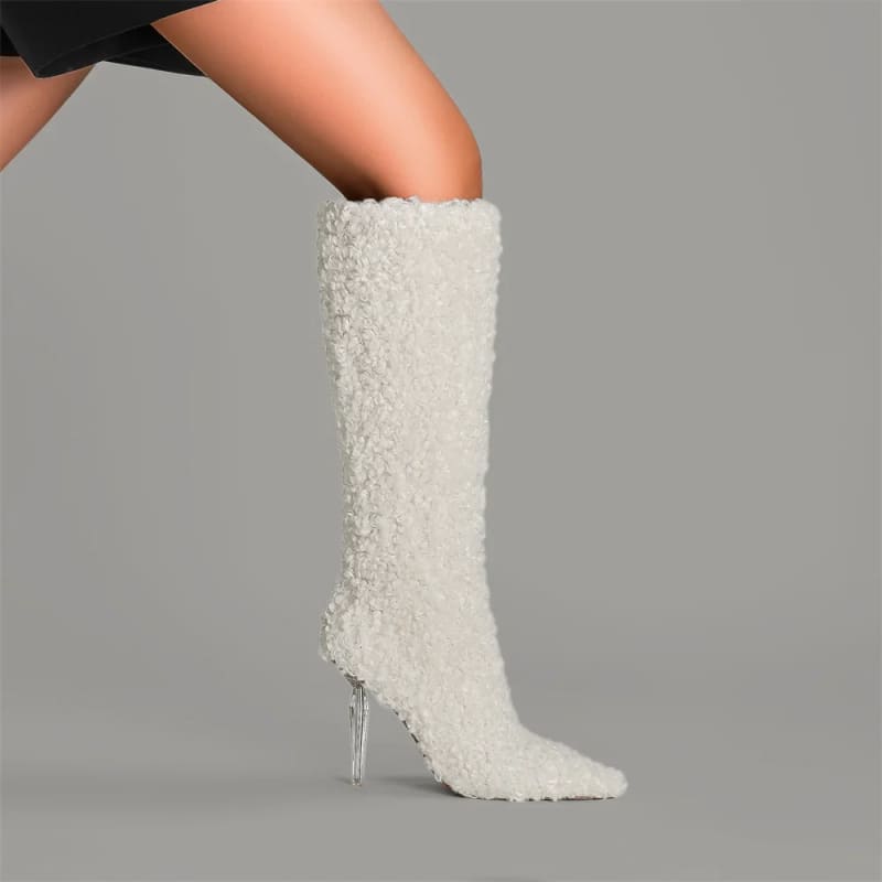 Womens Knee High Pointed Toe Boots Crystal Heel White / 35