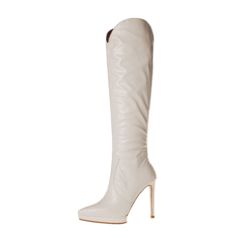 Stylish Tall White Leather Stiletto Boots for Women’s Knee High Fashion