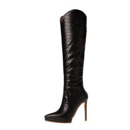 Black leather high-heeled knee-high boot with a stiletto heel.