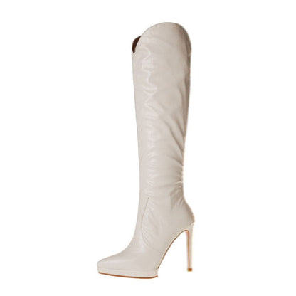 Tall white leather high-heeled boot with a stiletto heel.