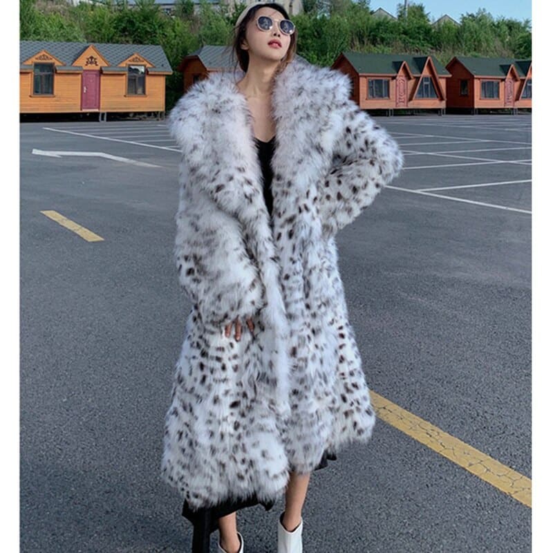 Women’s Knee Length Mink Fur Leopard-Print Coat