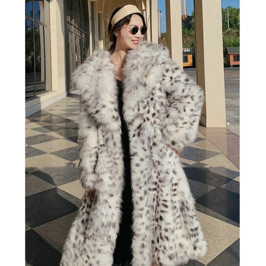 Women’s Knee Length Mink Fur Leopard-Print Coat