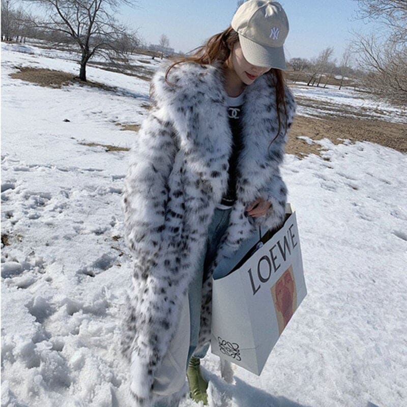 Women’s Knee Length Mink Fur Leopard-Print Coat