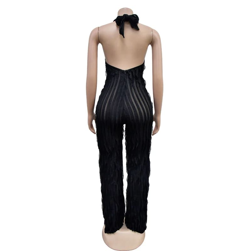 Low Cut Backless Mesh Stripe Jumpsuit for Women