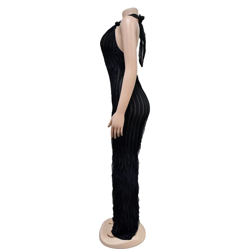 Schwarzes Bodycon-Kleid mit Neckholder aus Samt und gerüschten Details für den Low Cut Backless Mesh Stripe Jumpsuit.