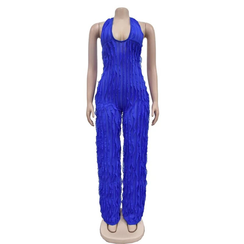 Low Cut Backless Mesh Stripe Jumpsuit for Women