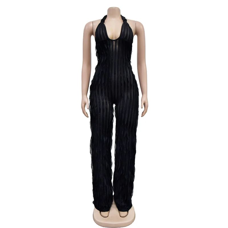 Schwarzer Neckholder-Jumpsuit mit tiefem Ausschnitt und rückenfreiem Mesh-Streifendesign.