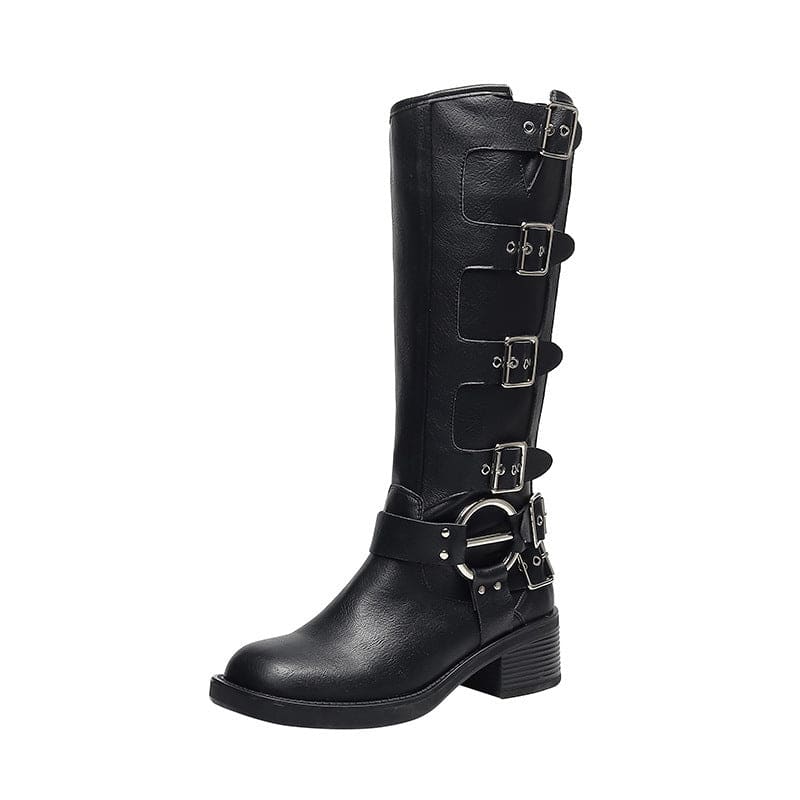 Black leather knee-high boot with multiple buckle straps and a chunky heel.