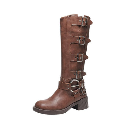 Brown leather knee-high boot with multiple buckles and a chunky heel.