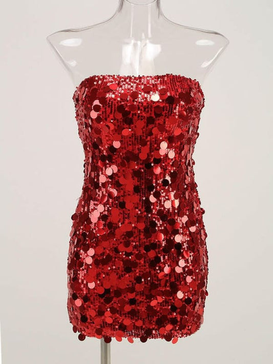 Sexy Strapless Sequined Mini Evening Dress for Women Red