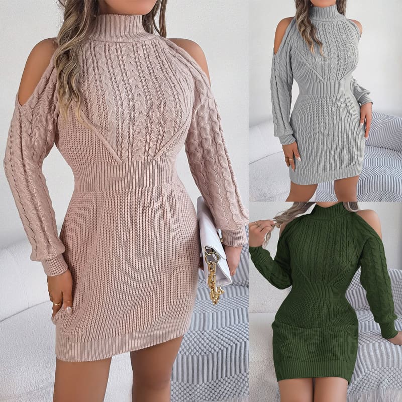 Knitted sweater dress with cold shoulder design and turtleneck in multiple color options.