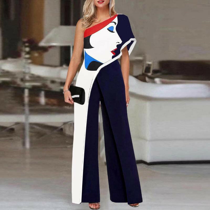 Off-the-Shoulder Wide Leg Classy Print Jumpsuit Blue / S