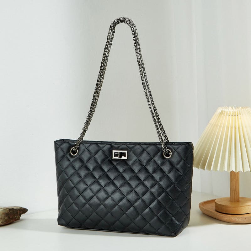 Womens Diamond Plaid Chain Bag with Shimmering Strap Black