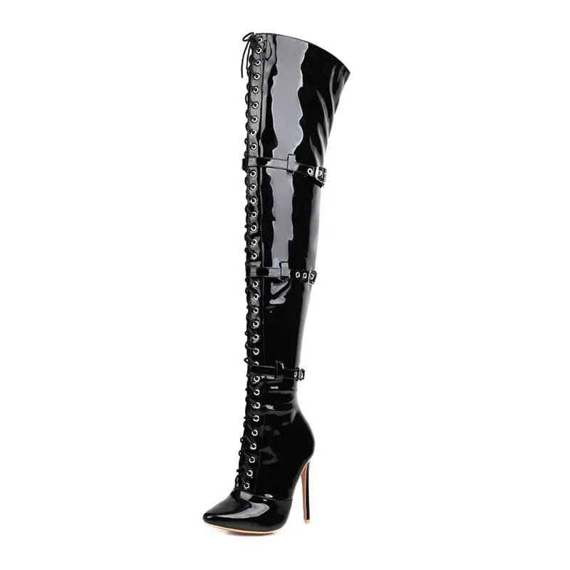 Womens Patent Cross Buckle Thigh Boots with Heels Black / 33