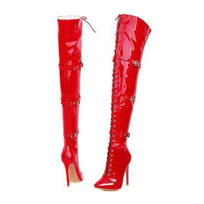 Womens Patent Cross Buckle Thigh Boots with Heels