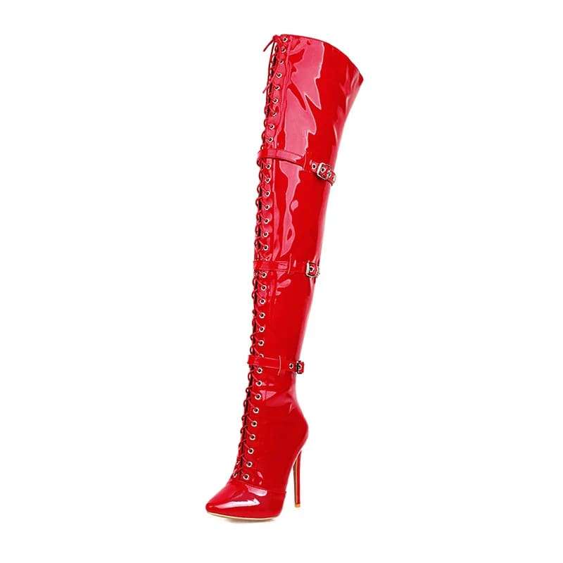 Womens Patent Cross Buckle Thigh Boots with Heels Red / 33