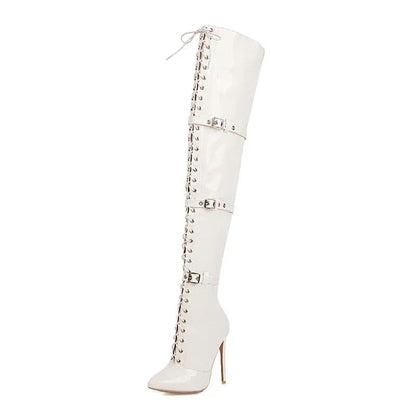 Womens Patent Cross Buckle Thigh Boots with Heels WHITE / 33