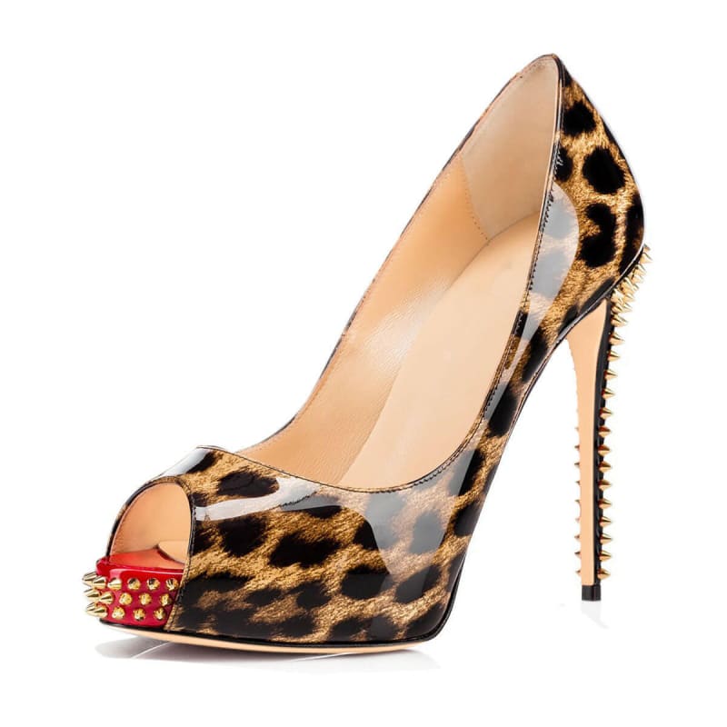 Womens Peep Toe Platform Heels with Studded Design Leopard