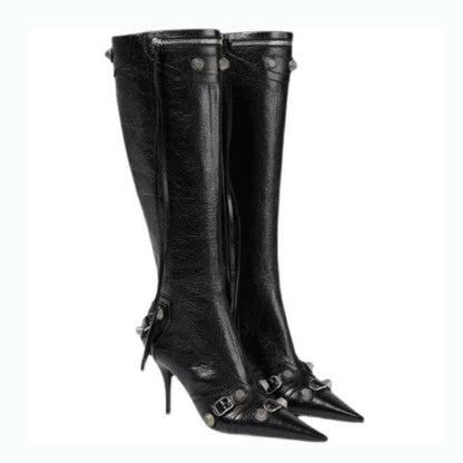 Womens Pointed Toe Metal Buckle Zipper Boots black / 34