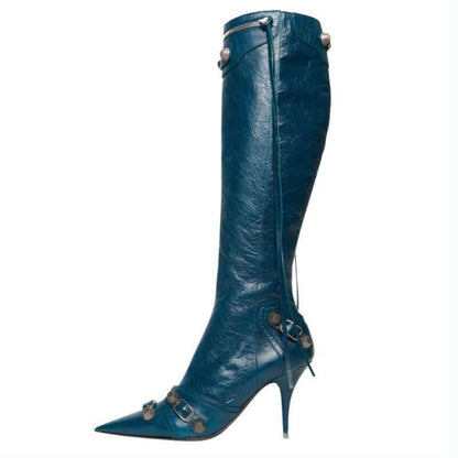 Womens Pointed Toe Metal Buckle Zipper Boots blue / 34