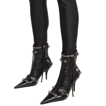 Womens Pointed Toe Metal Buckle Zipper Boots