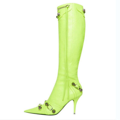 Womens Pointed Toe Metal Buckle Zipper Boots