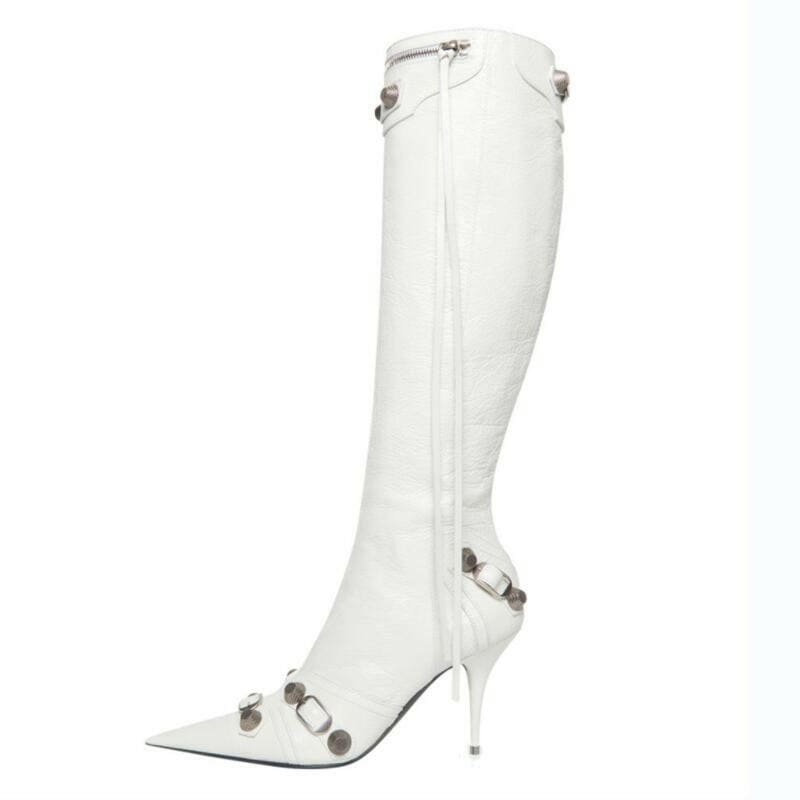 Womens Pointed Toe Metal Buckle Zipper Boots