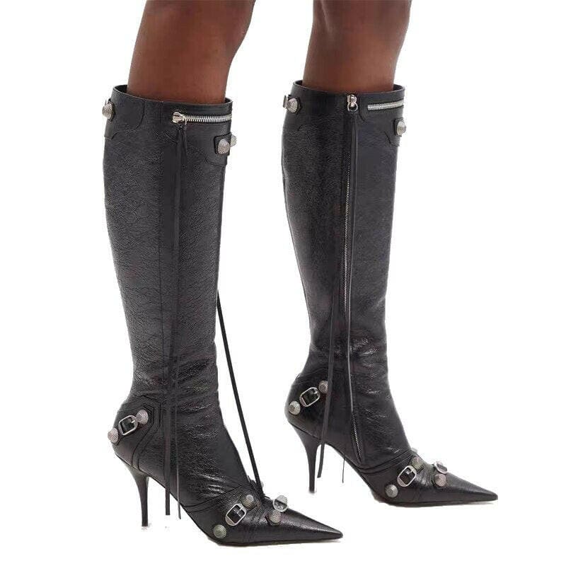 Womens Pointed Toe Metal Buckle Zipper Boots