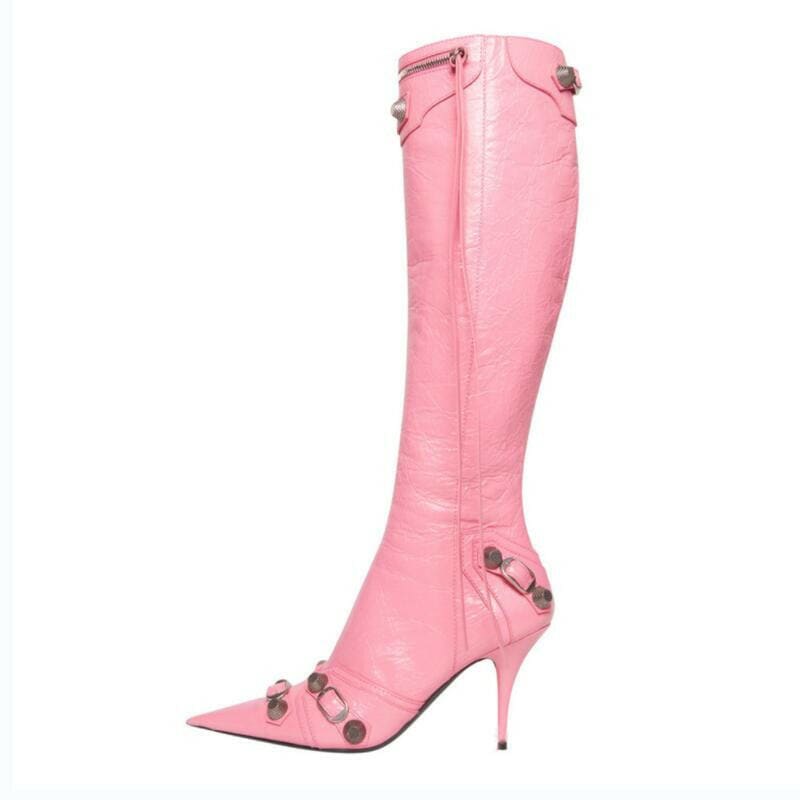 Womens Pointed Toe Metal Buckle Zipper Boots pink / 34