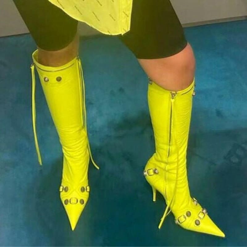 Womens Pointed Toe Metal Buckle Zipper Boots yellow / 34