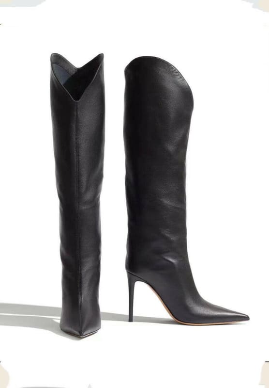 Womens Pointed Toe Satin Knee Boots Stiletto Luxury Black