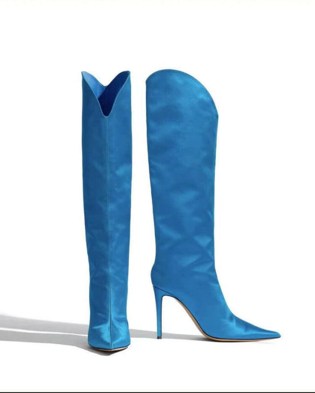 Womens Pointed Toe Satin Knee Boots Stiletto Luxury Blue