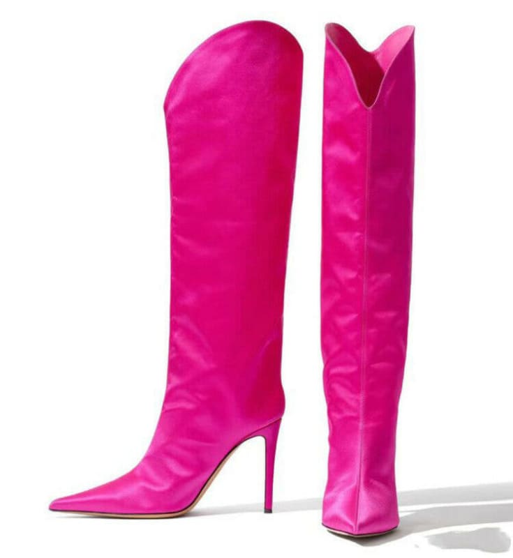 Womens Pointed Toe Satin Knee Boots Stiletto Luxury